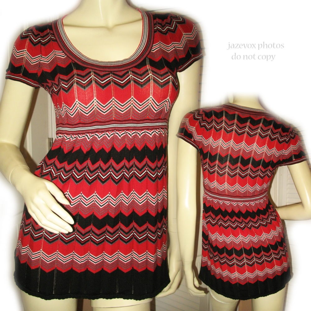 Vintage Y2K 2000s INC Silk-Cotton Sweater Knit Top Chevron Red Black Cottagecore